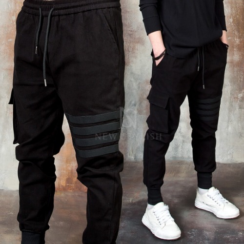 Quadruple band line semi-baggy cargo jogger pants
