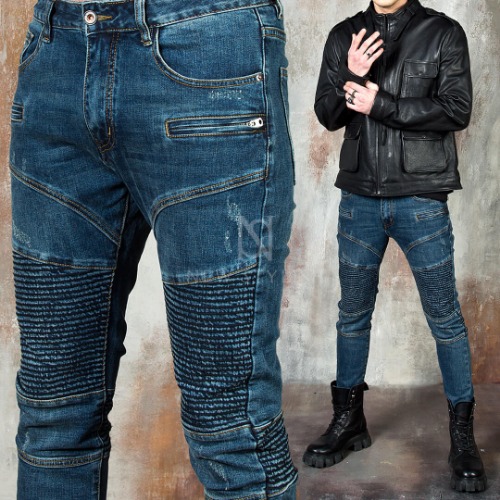 Pintuck accent washed blue slim biker jeans