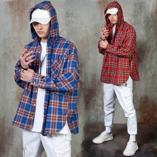 Side-opening checkered hooded button-up shirts