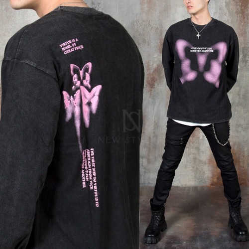Pink butterfly washed long sleeve t-shirts