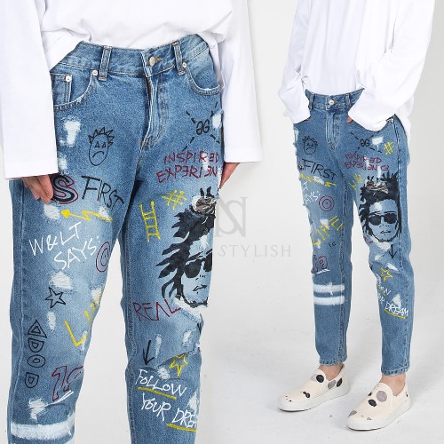 Funky scribble printed denim jeans