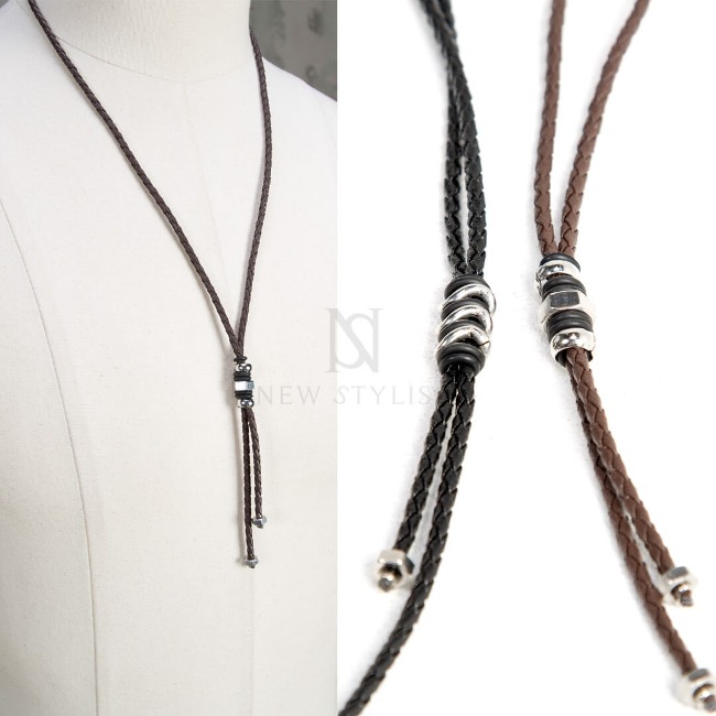 Braided leather strap metal nut necklace