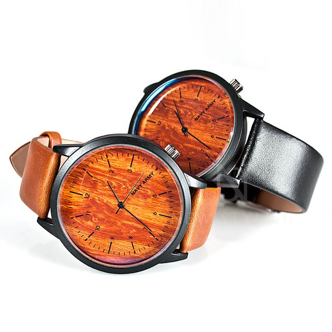Wooden face thin dial round case quartz watch, shorter strap version