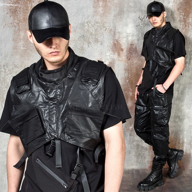 Multiple pocket coated techwear zip-up vest
