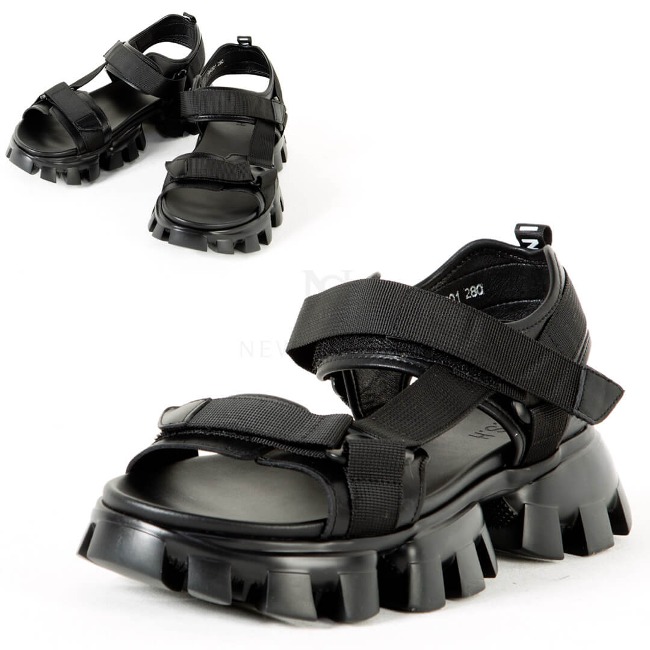 Chunky outsole hook and loop black sandal