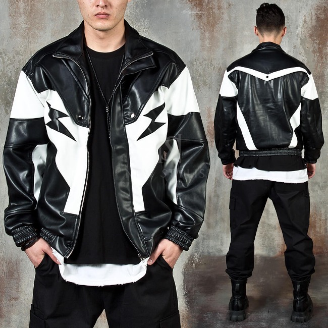 Lightning bolt contrast zip-up leather jacket