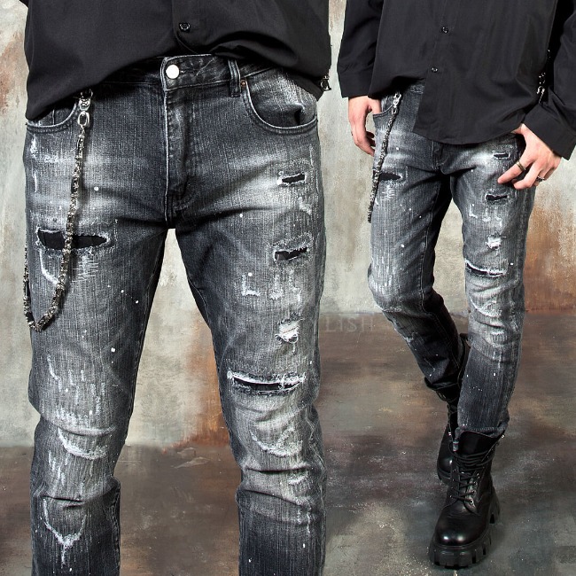 Washed black distressed slim jeans