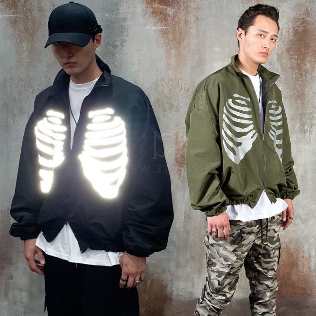 Refletive skeleton ribs wind-breaker zip-up jacket
