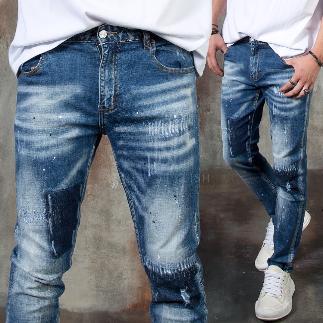 Dark blue contrast distressed blue slim jeans