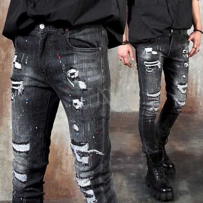 Washed black splash paint distressed slim jeans