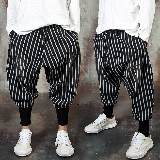 Striped denim harem baggy jogger pants