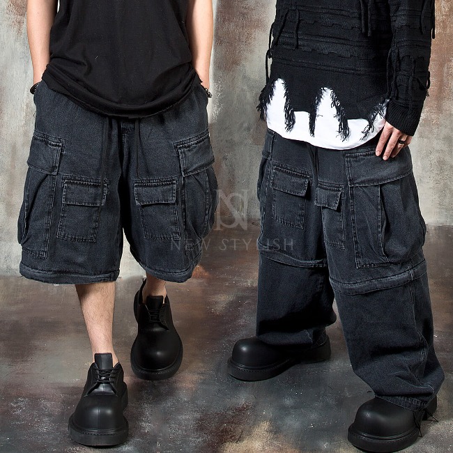 Shorts transformable wide-leg denim cargo pants