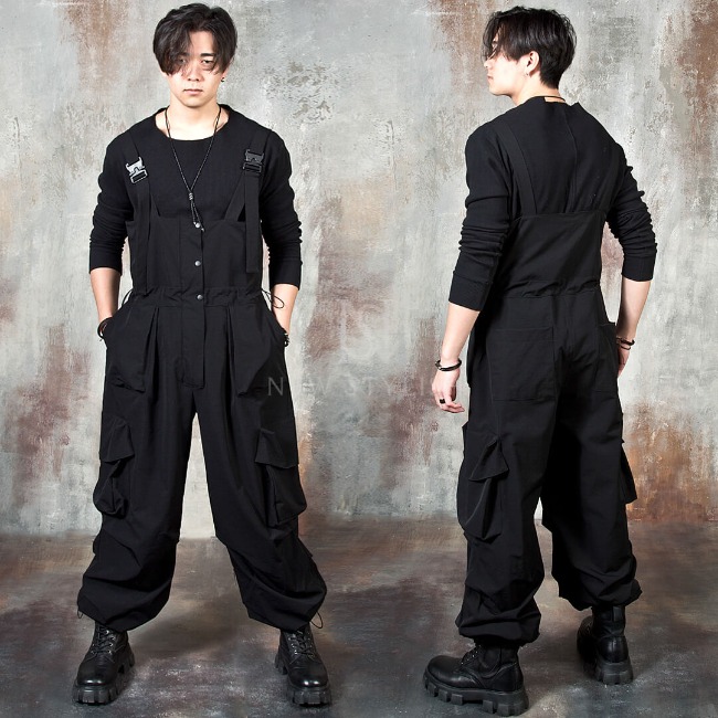 Buckled wide-leg cargo overall pants