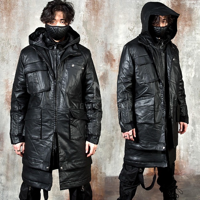 Multiple pocket double layered coated black hooded long coat
