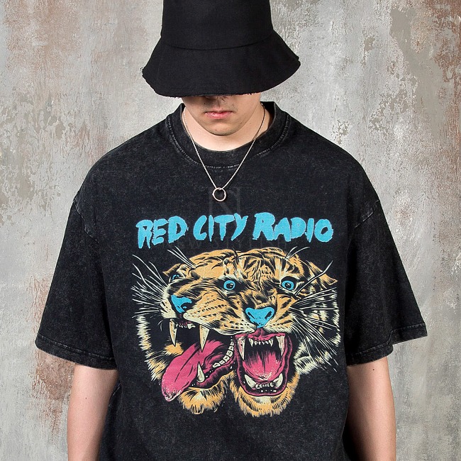 Artistic Tiger Graphic Print Washed Short Sleeve T-Shirt