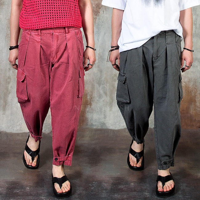 Washed Cotton Pin-tuck Baggy Cargo Pants