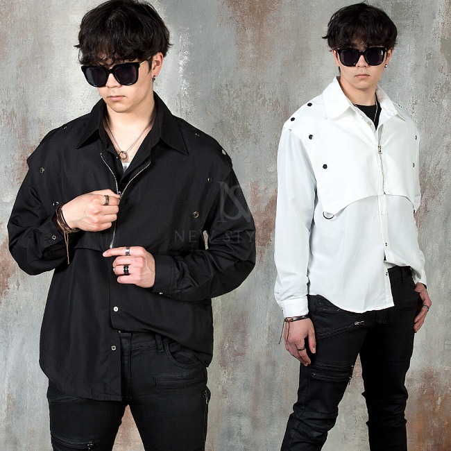Zip-Up Cover Layered Button-Up Long Sleeve Shirt