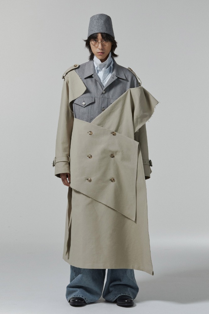 Grey Denim Paneled Long Trench Coat