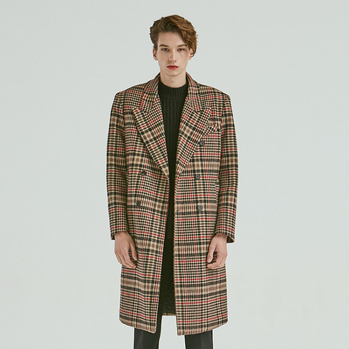 CHECK DOUBLE LONG COAT BROWN