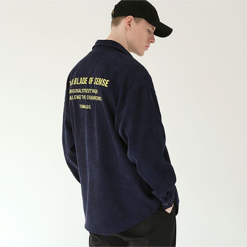 Fine wale cordutoy lettering check shirt_Navy
