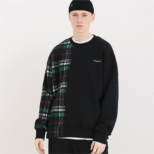 Over fit flannel check sweat shirt_Black