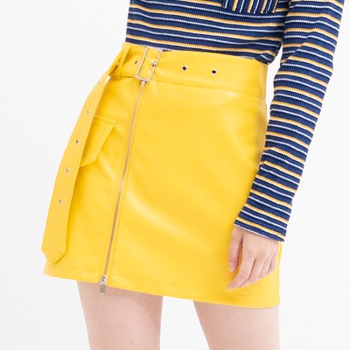 Belt Detail Leather Skirt (YELLOW)