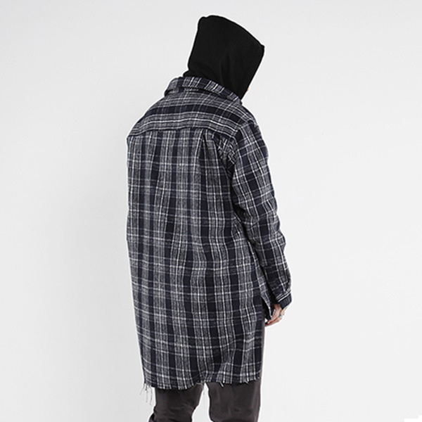 oversize damage heavy flannel check shirts - navy/white