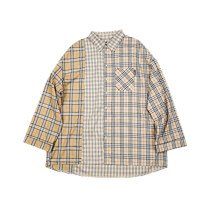 OVER CHECK MIXED SHIRT - BEIGE