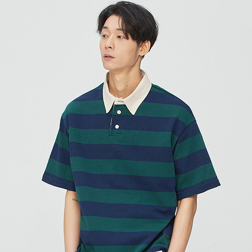 Opening Hour Stripe Rugby Collar-Tee (green)