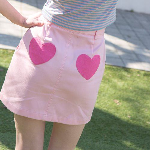 1 0 heart belt denim skirt - PINK