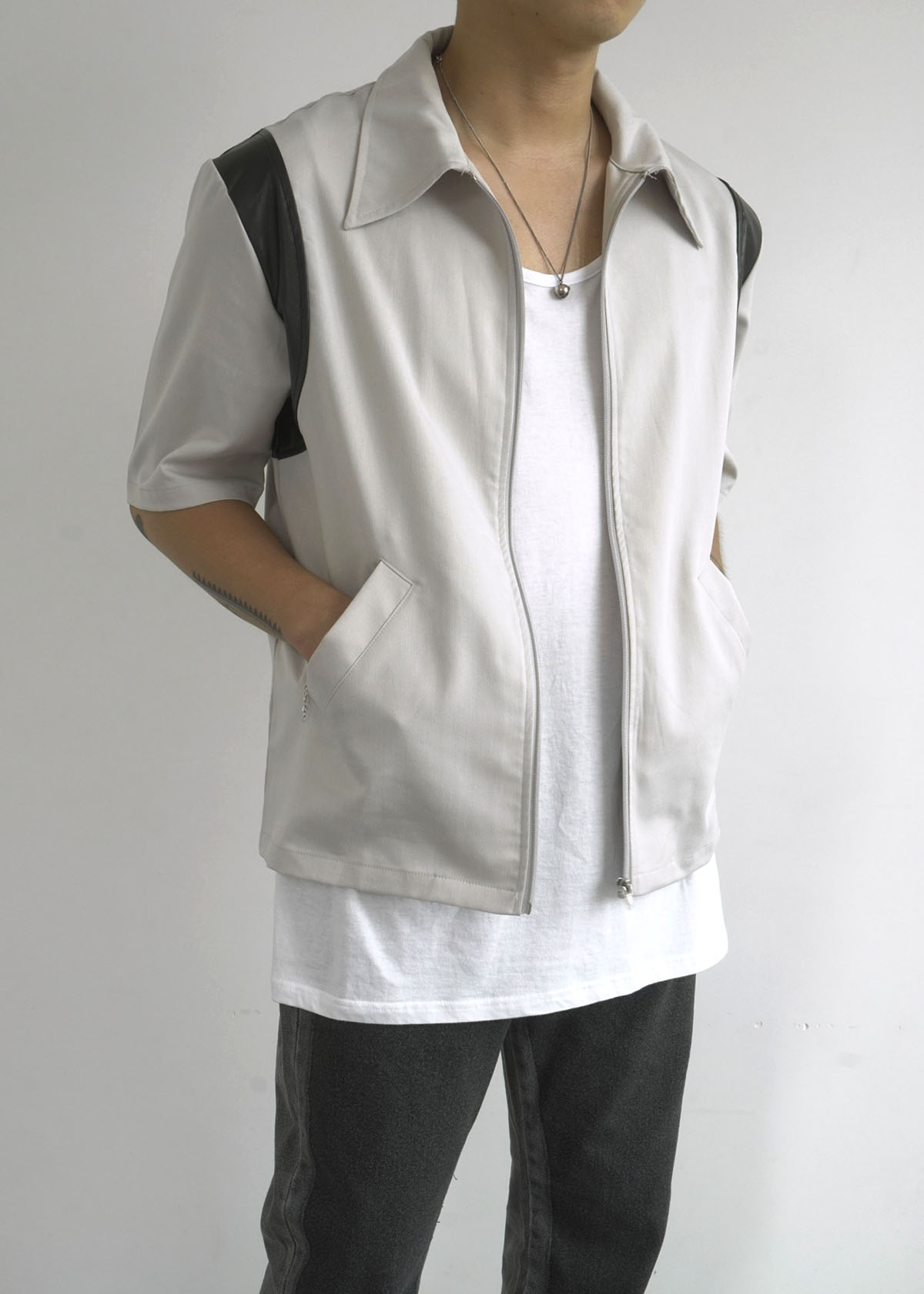 Soft Leather Contrast 1/2 Shirts Jacket (2Color)