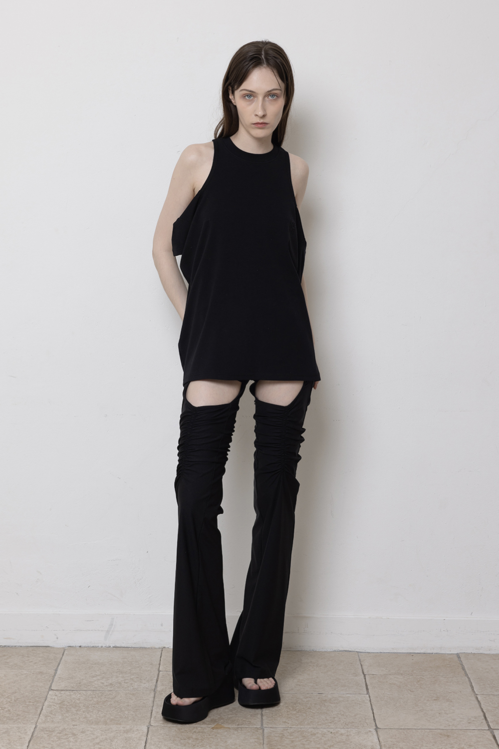 Shirred Cutout Flare Pants-Black
