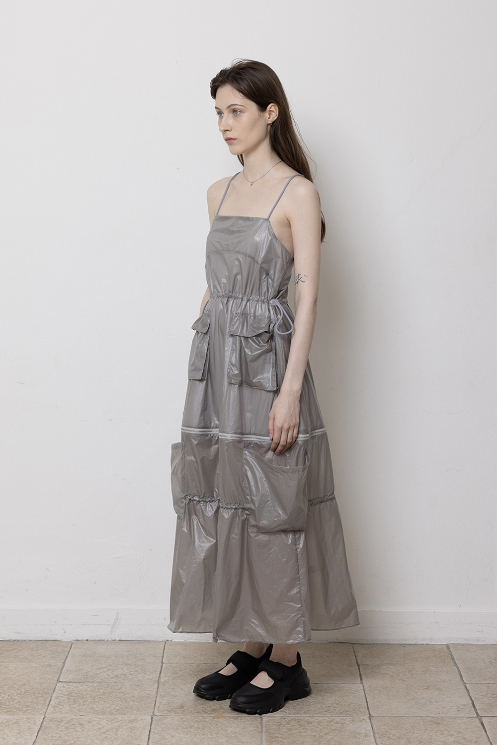 Glossed Detachable Maxi dress-Silver
