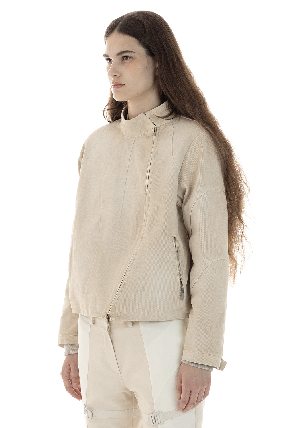 Asymmetrical Denim Jacket-Washed beige