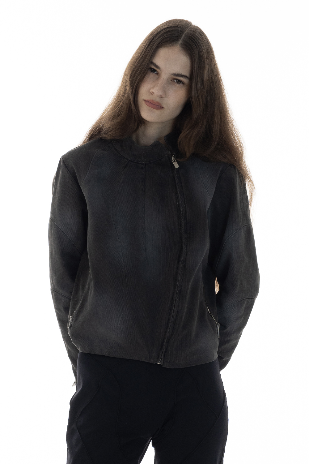 Asymmetrical Denim Jacket-Washed black