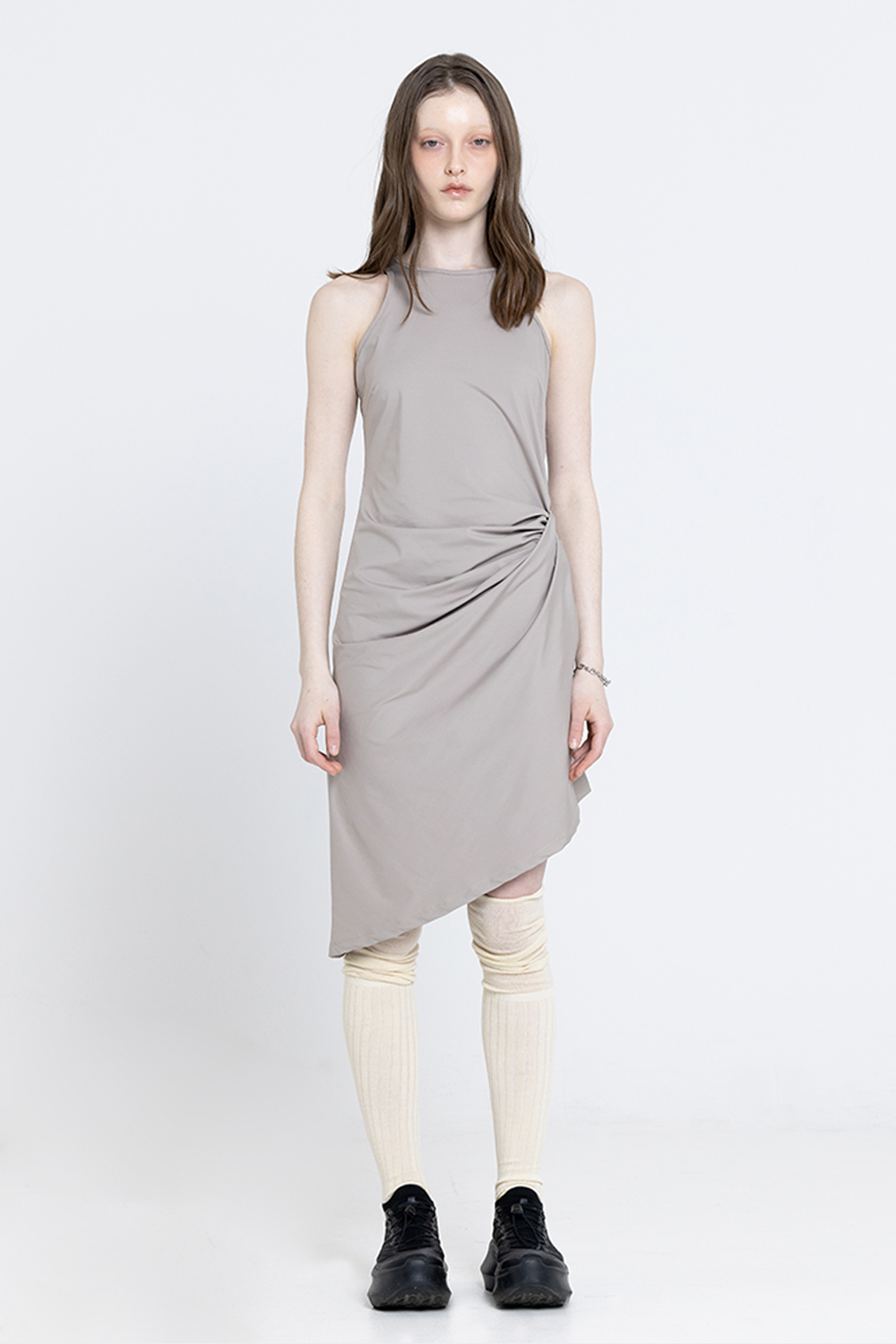 Shirring Tank Midi Dress-Beige