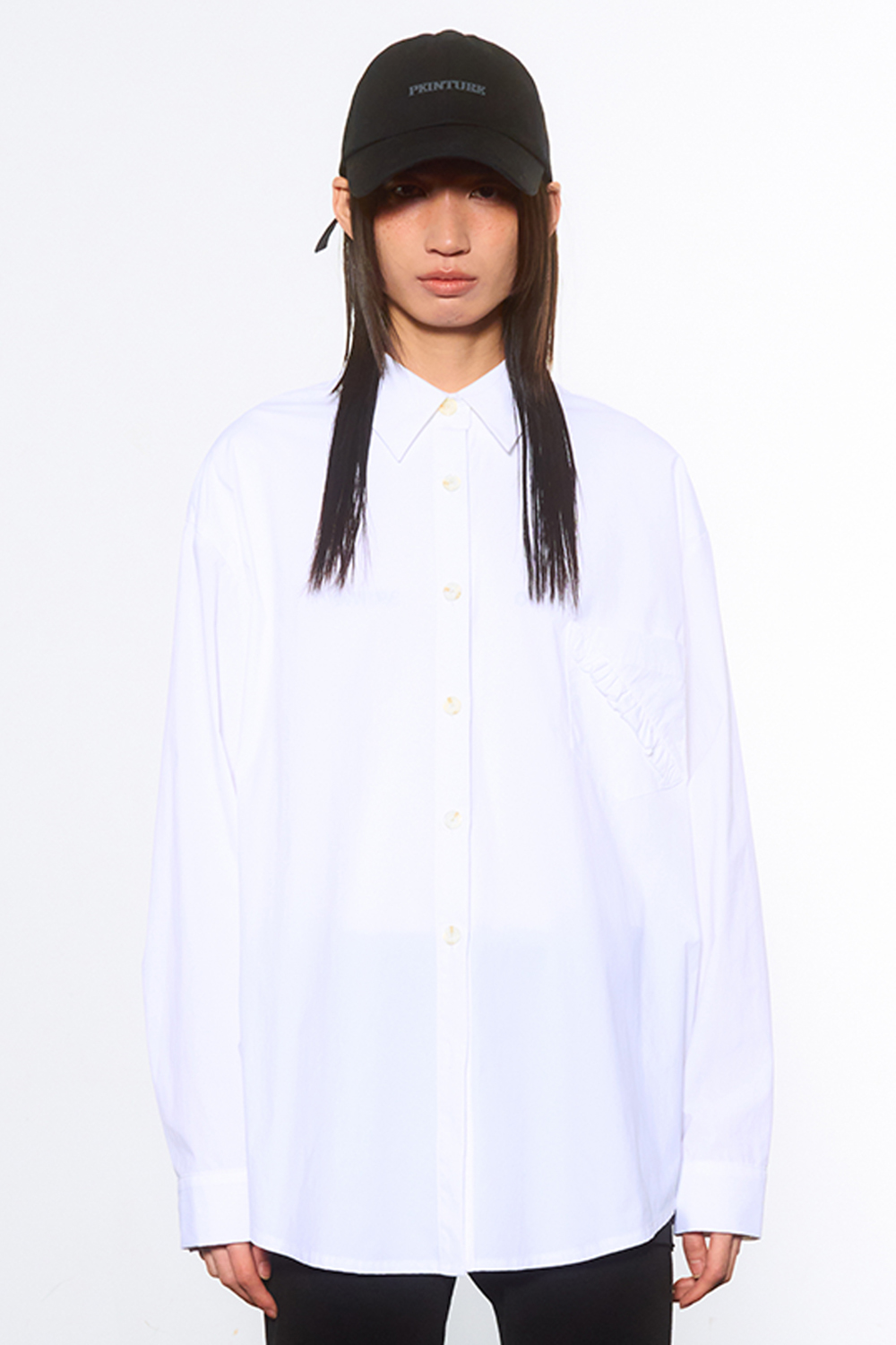 Ruffle Pocket Over-fit Shirt-White