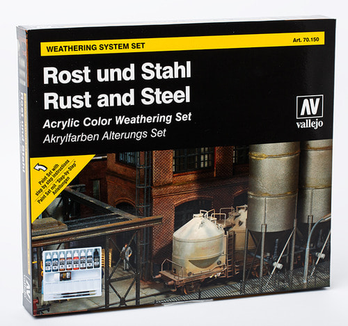 70150 Vallejo  Paint Set _ Rust and Steel (7 Colors, 1 Wash, 1 Pigment, 2 Brush, Model Color)