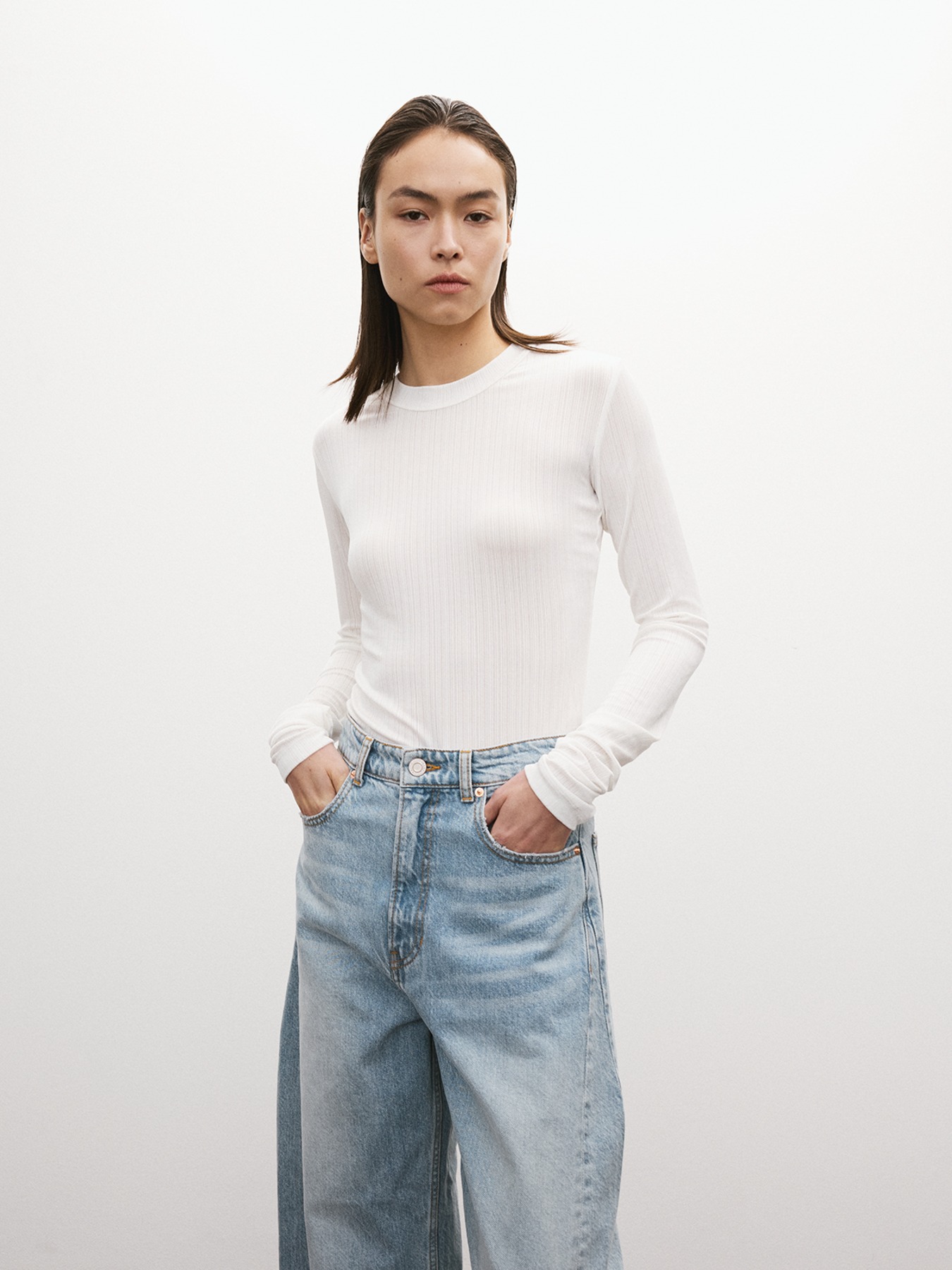 【RECTO】ラウンドネック&ショルダー LINE BLOUSE Shirred See-Through One Shoulder Top CG426 - Acubi style