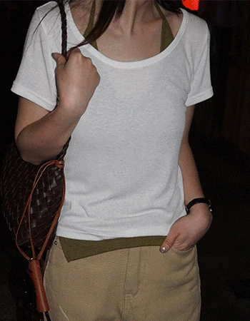 [SET/5컬러/레이온혼방/레이어드템]배색홀터세트 나시&amp;반팔티셔츠