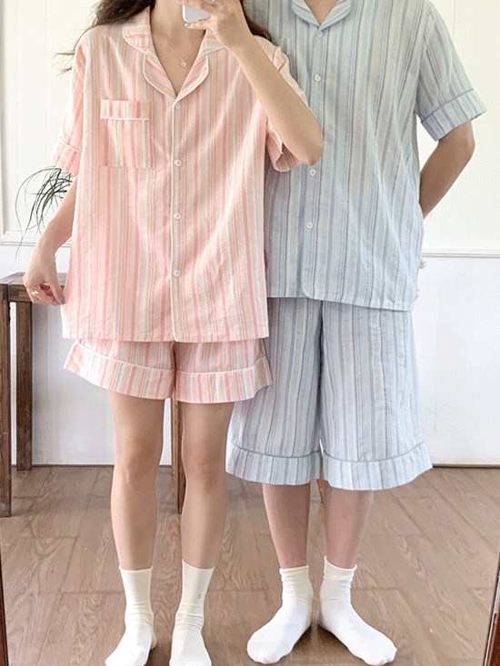 [오늘출발] 퍼피 스트라이프 반팔 잠옷세트 - 2 Color (파자마/홈웨어)