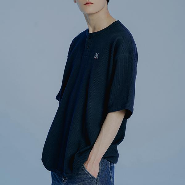 BUTTON UP WAFFLE HENLEY NECK_NAVY