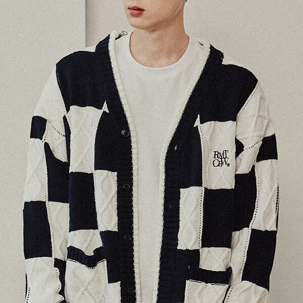 [WOOZI collection]CHECKER BOARD WAFFLE CARDIGAN_NAVY