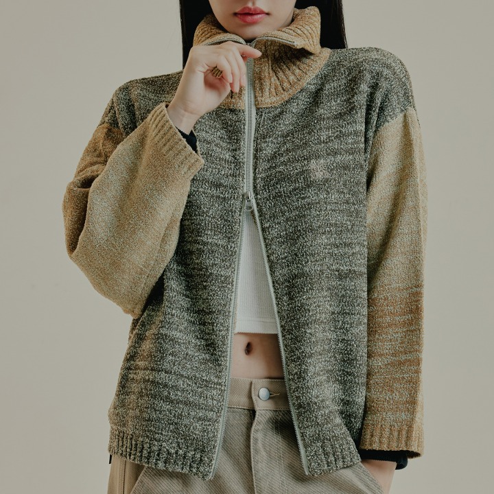 TONE VARIATION BOUCLE KNIT ZIP UP_BROWN