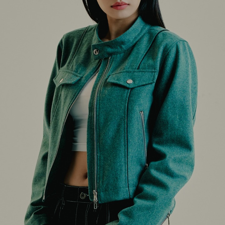 PIPING WOOL BIKER JACKET_MINT