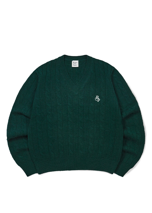 Cashmere Cable Crop V-Neck Knit Green