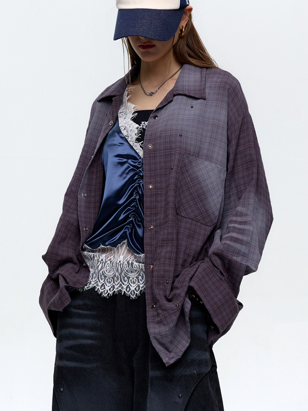 ■R.SHEMISTE■ STUD CAT WASHING CHECK SHIRT ASH PURPLE RSSC│알에스에스씨