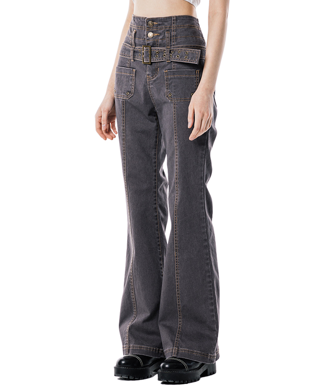 [EXCLUSIVE] STITCH POINT BELTED BOOTS CUT PANTS [PURPLE GREY]