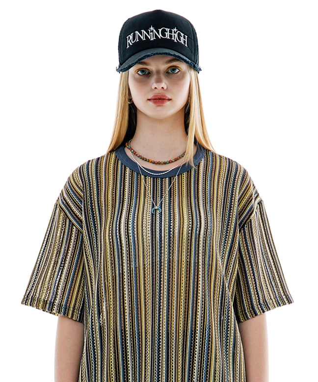 STRIPE KNITTED H/S LOOSE TEE [BLUE]