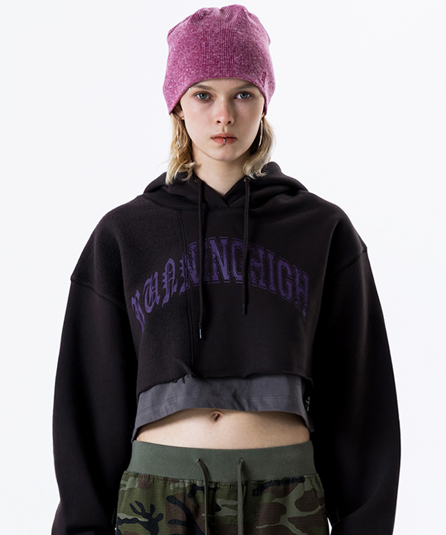 ARCH LOGO LAYERED CROP HOODIE [CHARCOAL]
